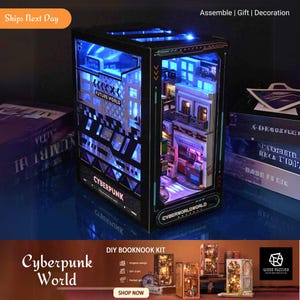 Kits de inserción en miniatura para estanterías de libros DIY Cyberpunk World, estantería de muñecas Near Future, juguetes de ensamblaje de sujetalibros con rompecabezas 3D de madera, regalos