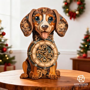 May include: A wooden dog-shaped clock with intricate gear details and a clock face. The dog has large, expressive eyes and its tongue is sticking out. The clock is made of layered wood and sits on a wooden surface. The text "WOOD PUZZLEA" is visible.