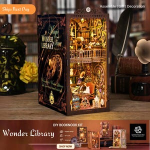 Casa de muñecas Wonder Library DIY Book Nook, rompecabezas 3D de madera con luz LED, estantería con sujetalibros para casa de muñecas en miniatura, regalos para niños y adultos