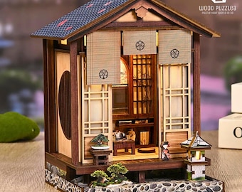 キャビンモスランプパティオブックヌークインサートキット：ライト付き3D木製パズルミニチュアドールハウス