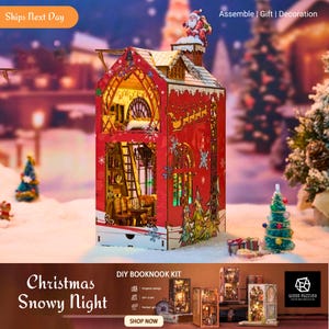 クリスマス雪の夜のブックヌークキット：LED付き木製3Dパズル