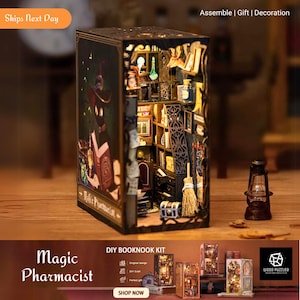 Coin livre à monter soi-même série pharmacien magique, kit maison de poupée avec éclairage tactile, casse-tête 3D avec serre-livres, étagères créatives