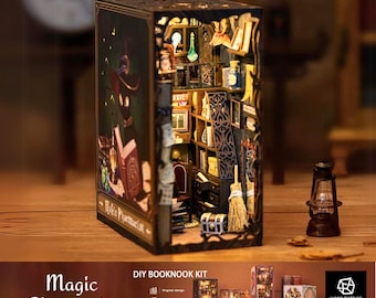 Magic Pharmacist Series DIY Book Nook, Dollhouse Kit with Touch Lights Furniture, 3D Puzzle Bookend Insert, Creative Bookshelf Gift Ideas