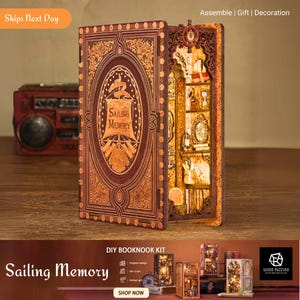 Casa de muñecas con rincón de libros para manualidades con memoria de navegación, rompecabezas 3D de madera con luz táctil, soporte para sujetalibros para casa de muñecas en miniatura, juguetes para insertar en estanterías, regalos