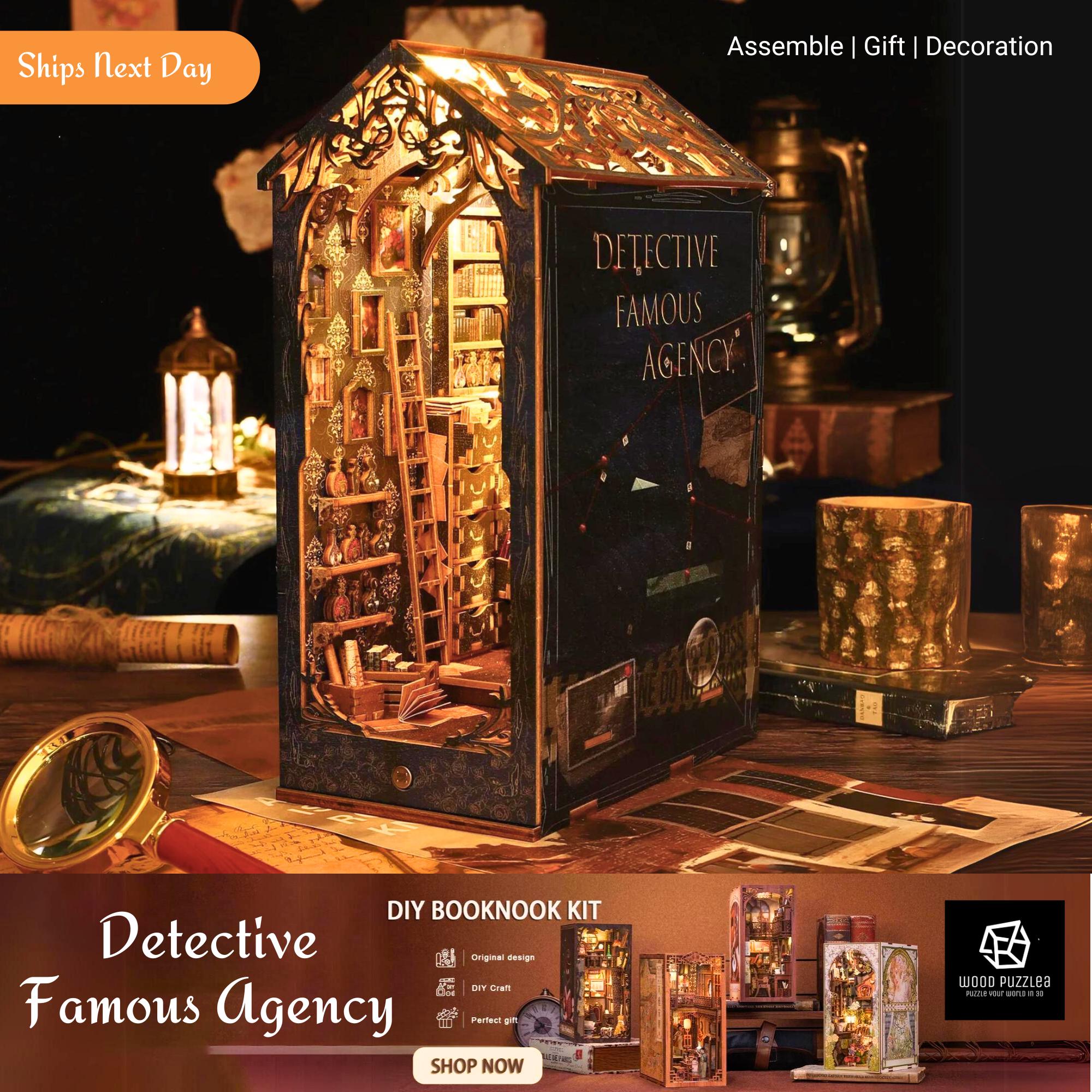 Kit Book Nook Agenzia Investigativa In Legno Fai Da Te, Angolo Libreria 3D Con Luci, Modello Mini Casa Per Scrivania E Ufficio