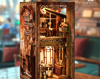 Serenity Coffee House Book Nook Insert Kit: 3D Wooden Puzzle Miniature Dollhouse with Lights