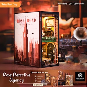Kit de inserción de estantería de bricolaje para rincón de libros de la Agencia de Detectives Rose, modelo de rompecabezas 3D de madera, soporte de sujetalibros en miniatura para casa de muñecas, regalos de estantería para casa de muñecas