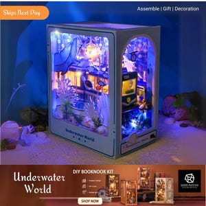 Casa de muñecas con rincón para libros de bricolaje Underwater World, rompecabezas 3D de madera con luz LED, estantería con soporte para libros en miniatura para casa de muñecas, regalos para niños y adultos