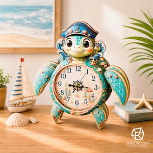 May include: A decorative turtle-shaped clock featuring a blue captain's hat with an anchor emblem. The clock face displays black numbers, a ship's wheel center, and aquatic illustrations. The turtle has teal textured flippers and shell details.