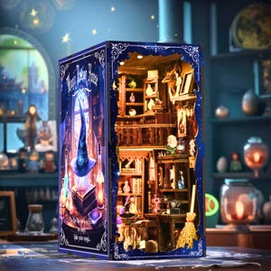 Puede incluir: Diorama en miniatura detallado de un estudio de mago, con un sombrero de bruja azul, botellas de pociones y una escoba. El diorama está alojado en una caja rectangular con el texto "Magic Potion House". El interior está iluminado.