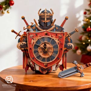 Puede incluir: Un reloj de pared de madera en 3D con forma de caballero con armadura y casco, que presenta un escudo rojo central con números romanos y manecillas negras. Varias espadas están colocadas detrás del escudo y una espada yace en la mesa.