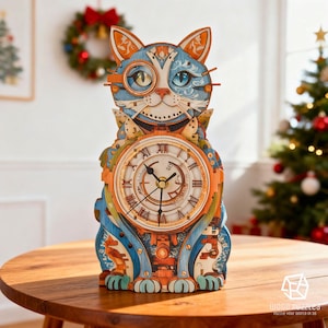 May include: A wooden cat-shaped clock with a steampunk design. The clock features a round face with Roman numerals and intricate gears. The cat is painted in blue, orange, and white, with a monocle and mechanical details. The clock is sitting on a wooden table.