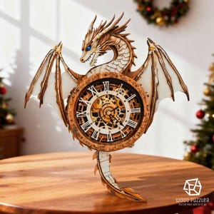 May include: A wooden dragon clock with a detailed design. The clock features a dragon with outstretched wings and a clock face with Roman numerals. The clock is made of light brown wood and has a gear mechanism visible in the center.