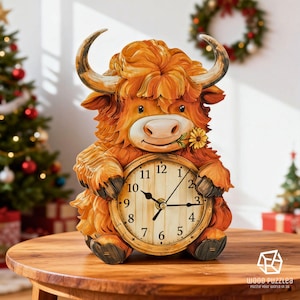 Puede incluir: Un reloj de madera con forma de vaca de las Tierras Altas, que sostiene una esfera de reloj. El reloj es de color marrón claro con pelaje naranja y tiene cuernos curvos. La esfera del reloj es de color marrón claro con números y manecillas negras. Una pequeña flor amarilla está en la boca de la vaca.