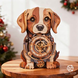 Puede incluir: Un reloj de madera con forma de perro que presenta piezas de madera clara y oscura en capas. La esfera del reloj está integrada en el pecho del perro, mostrando números romanos y engranajes visibles. El texto "WOOD PUZZLEA" aparece en la esquina inferior derecha.