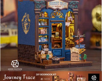 Journey Trace Bookshop 本棚インサートパズル、ブックヌークキット DIY 3D 木製ドールハウス LEDライト付き、ミニチュアブックエンドスタンド 子供へのギフト