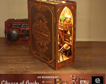 Library of Books DIY Book Nook Shelf Insert Kit, Wooden Tiny Miniature House Bookends, Dollhouse Bookshelf Building Kit For Adult Gifts