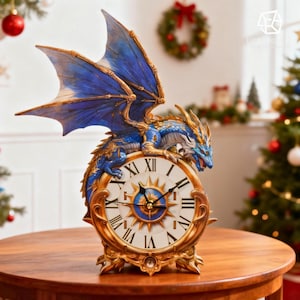 Puede incluir: Un reloj decorativo con un dragón azul y dorado. La esfera del reloj muestra números romanos. El dragón tiene alas azules y detalles dorados. El reloj está sobre una base dorada, con un diámetro de aproximadamente 15 cm.