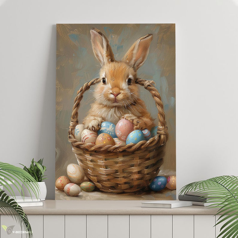 Baby Easter Bunny Poster Canvas, Vintage Spring Bunny Basket Eggs Spring Oil Painting Poster, Happy Easter Day Decor, Childrens Decor image 1