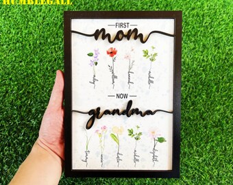 Custom First Mom Now Grandma Wood Frame Decor, Personalized New Grandma Wood Plaque, Birth Month Flowers Mothers Day, Mother’s Day Gifts