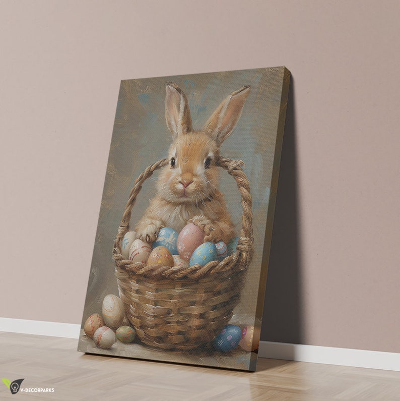 Baby Easter Bunny Poster Canvas, Vintage Spring Bunny Basket Eggs Spring Oil Painting Poster, Happy Easter Day Decor, Childrens Decor image 3