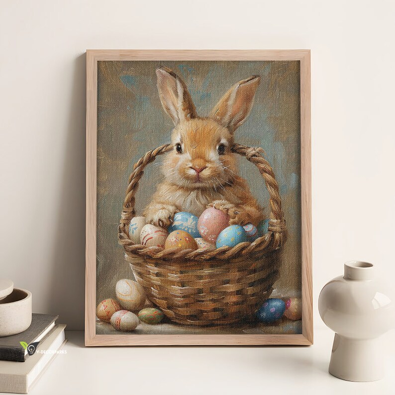 Baby Easter Bunny Poster Canvas, Vintage Spring Bunny Basket Eggs Spring Oil Painting Poster, Happy Easter Day Decor, Childrens Decor image 2