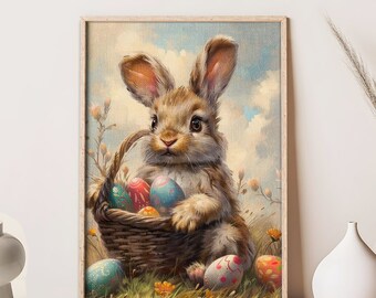 Retro Easter Basket Eggs Poster- Canvas, Spring Bunny Prints, Easter Eggs Painting Poster, Spring Home Decor, Happy Easter Day Canvas