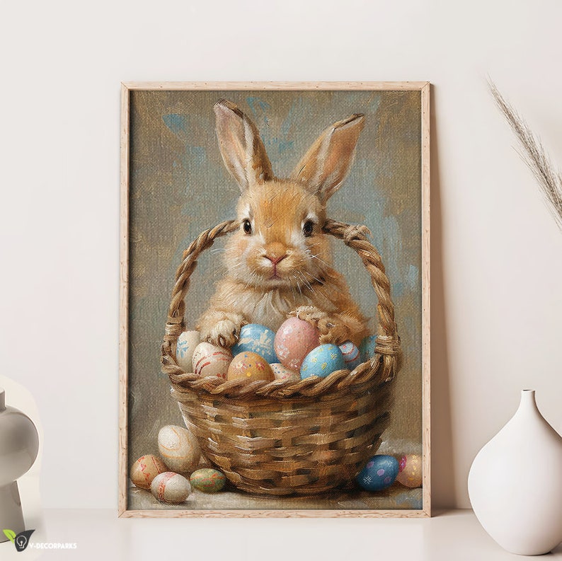 Baby Easter Bunny Poster Canvas, Vintage Spring Bunny Basket Eggs Spring Oil Painting Poster, Happy Easter Day Decor, Childrens Decor image 4