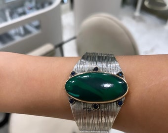 Handmade 925 Sterling Silver Women Bangles Bracelet Malachite Stones and Sapphire Stone