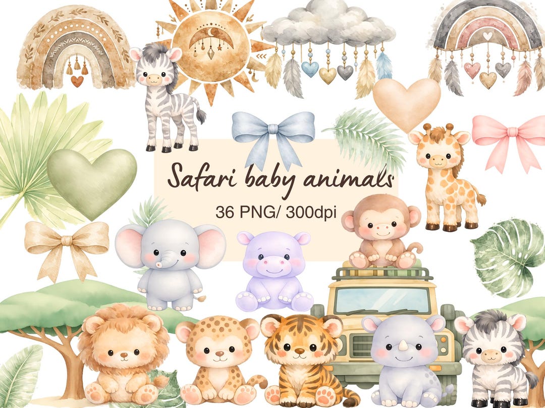 Watercolor Safari Animals PNG, Boho Animals, Cute Nursery Clipart - Etsy