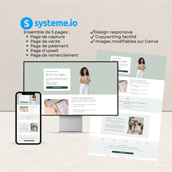 Template de Tunnel de Vente Systeme.io - 5 pages incluses : capture, vente, paiement, upsell et remerciement