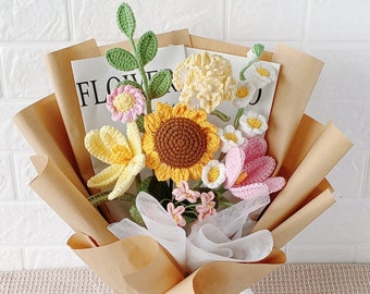 Bouquet di fiori fatti a mano all'uncinetto, girasole, prodotto finito, tulipano, rosa giglio, regalo per la festa della mamma, migliori regali di festa, regalo di San Valentino, laurea