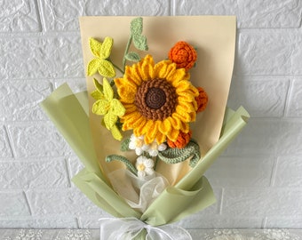 Ramo de flores de ganchillo hecho a mano, ramo de girasol de punto, producto terminado, regalo para madre, amigos, novias, graduación, regalo de cumpleaños