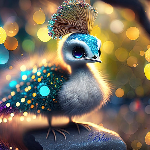 Tienervogel Aurora, uit de Iridescent Whimsy Chicks collectie, is digitale kunst voor wanddecoraties. Blauwgroen en turkoois en glans.
