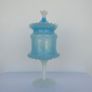 Vintage Empoli Turquoise Opeline Glass Bonbon Bowl:  1960s Italian Handblown Candy Jar, Venetian