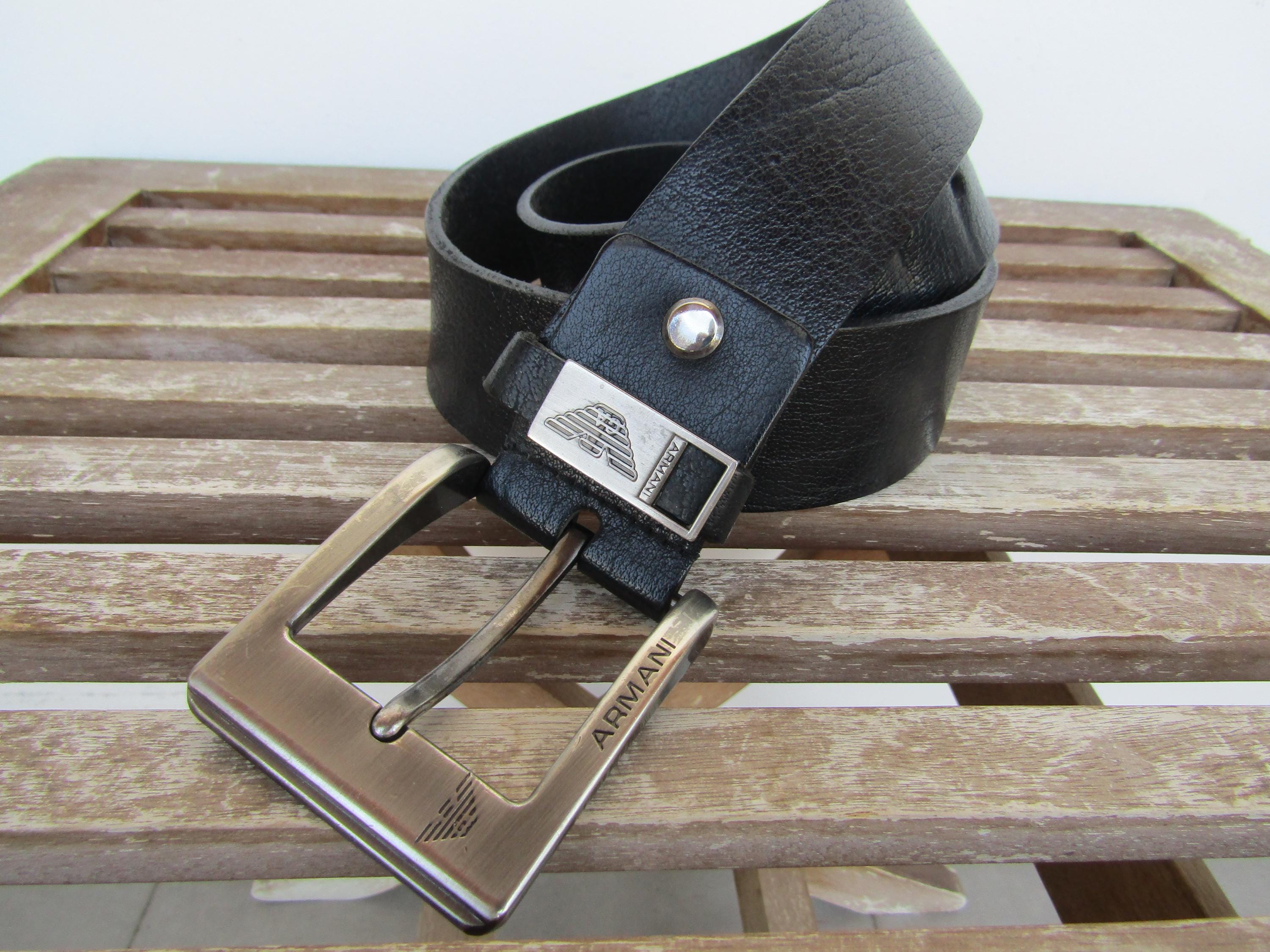 Emporio Armani Black Leather Belt With Silver Eagle Logo 