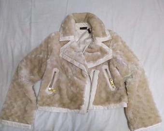 JLo Faux Fur Crop Jacket: Beige Y2K Moto Style