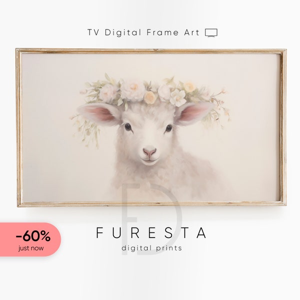 Innocent Reverie: Lamb with Flower Crown Portrait Art TV, Vintage Easter, Samsung Frame Delights, Moody Spring Decor, E&S 009