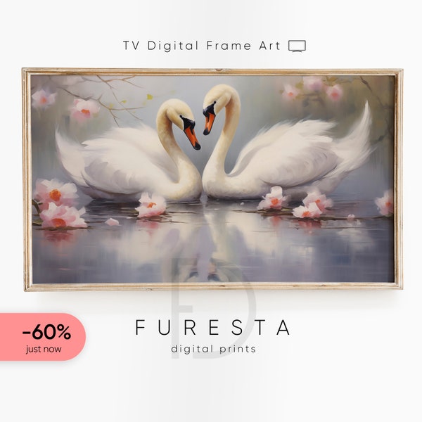 Swans in Love: Iconic Floral Serenade TV art, Vintage Easter Charm, Samsung Frame Delights, Moody Spring Decor, E&S 004