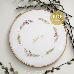 Alleluja flower wreath embroidery pattern PDF, christian Easter wall decorations DIY, catholic wall art, Easter embroidery template