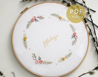 Alleluja flower wreath embroidery pattern, PDF + video, christian Easter  wall decorations DIY, catholic wall art, design for beginners