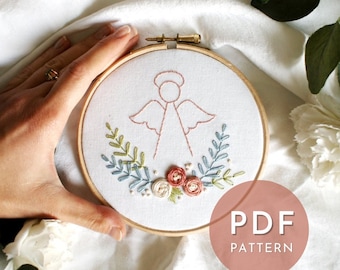 cute ANGEL embroidery pattern, christian baptism keepsake DIY, catholic aesthetic modern wall art, PDF design for beginners