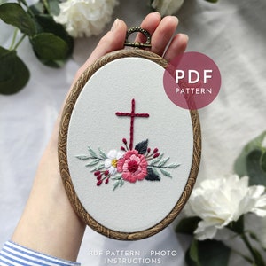 CROSS with flowers embroidery pattern, christian Easter  wall decorations DIY, catholic aesthetic modern wall art, PDF design for beginners