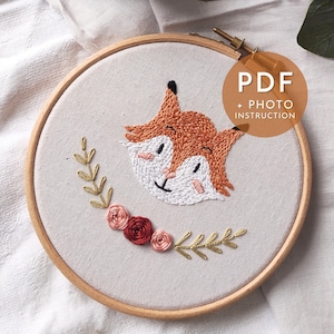 Lindo patrón de bordado de zorro PDF, decoración de animales del bosque para la habitación de la guardería, diseño de plantilla de bricolaje para regalo de recién nacido, patrón de bordado de animales fácil