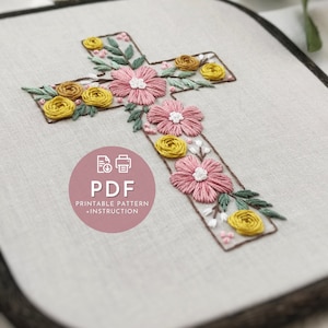 花のクロス刺繍パターン PDF、キリスト教のイースター壁飾り DIY、カトリックの美的モダンスレッドアート、初心者向けデザイン