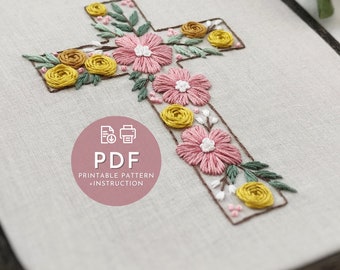kwiatowy wzór haftu KRZYŻOWEGO PDF, chrześcijańskie dekoracje ścienne Wielkanocne DIY, katolicka estetyczna nowoczesna sztuka nicią, projekt dla początkujących