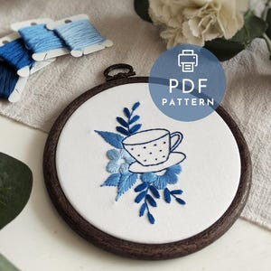 Blue flower embroidery pattern PDF, tea cup embroidery pattern, easy hand embroidery design for beginners, floral home decor DIY template