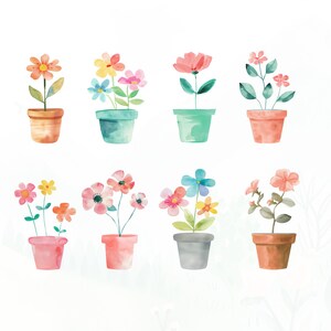 Puede incluir: Ocho ilustraciones de acuarela de plantas en maceta con varias flores de colores. Las plantas están en macetas de diferentes colores, incluyendo rosa, azul, verde y marrón.