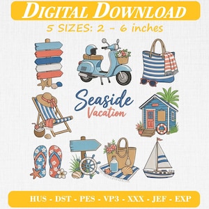 Seaside Vacation Icon Bundle Embroidery, Summer Beach Coastal Mini Embroidery Designs Set, DST PES Digital Download