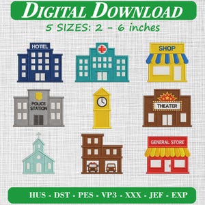 Könnte beinhalten: Ein digitales Stickmuster-Set mit neun Gebäude-Icons: ein blaues Hotel, ein türkisfarbenes Krankenhaus mit rotem Kreuz, ein gelber Laden, eine graue Polizeistation, ein gelber Uhrturm, ein braunes Theater, eine hellblaue Kirche, eine braune Feuerwache und ein roter Gemischtwarenladen. Text: DIGITAL DOWNLOAD, 5 GRÖSSEN: 5 - 15 cm, Formate HUS, DST, PES, VP3, XXX, JEF, EXP.
